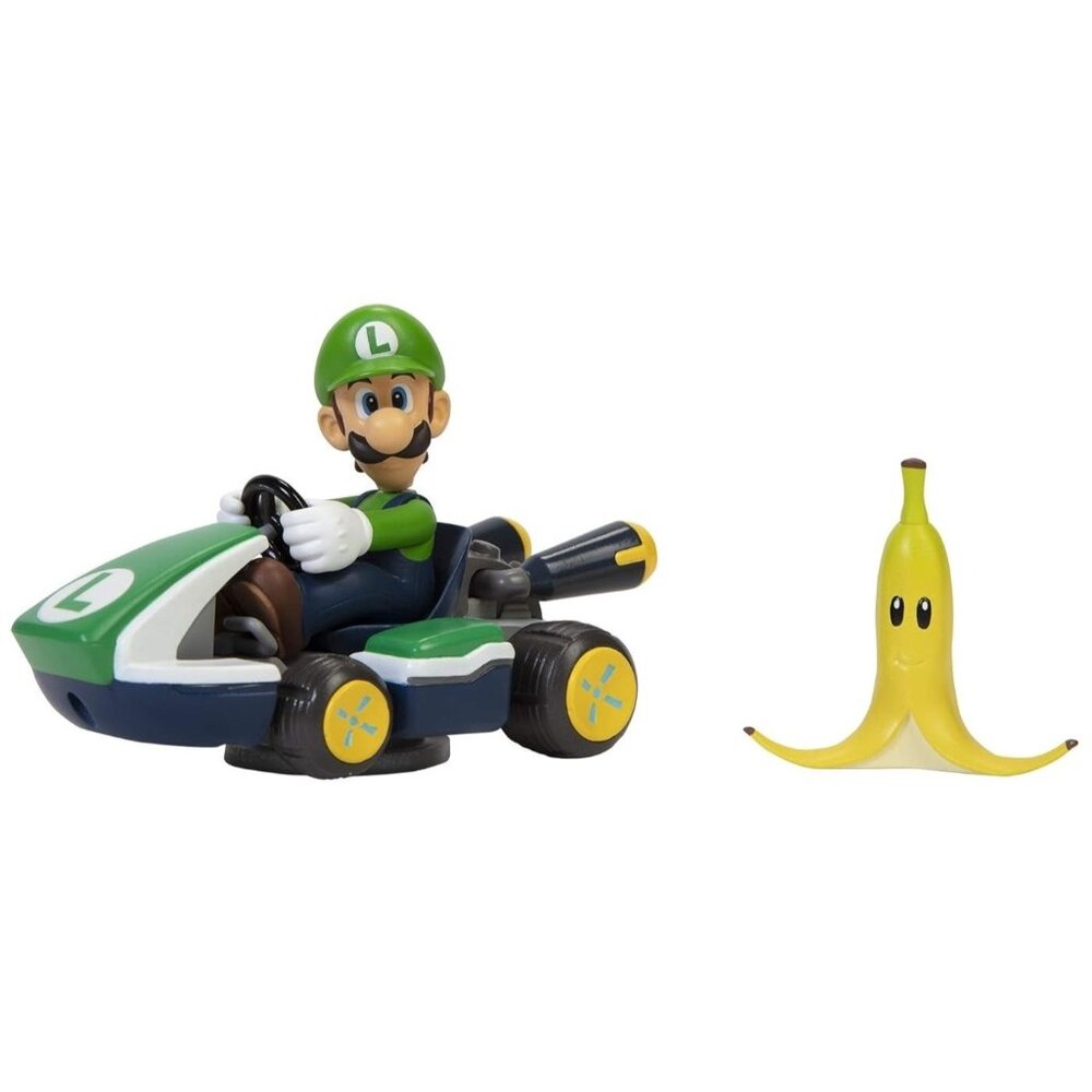 Super Mario Spin Out Luigi Figure On Kart With Banana Wind Up Go 2.5" MarioKart